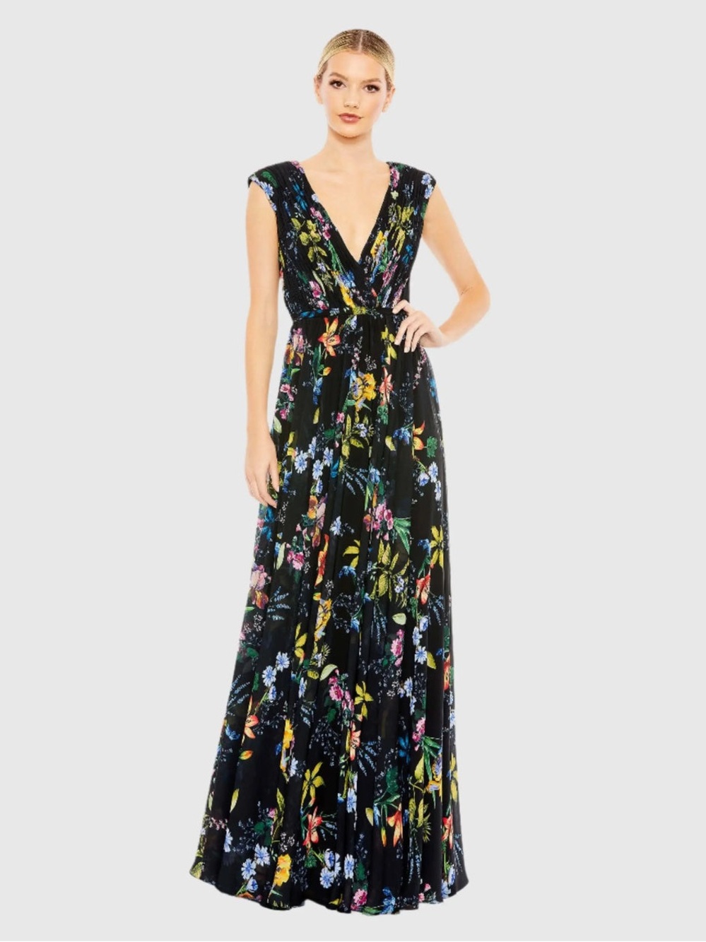Mac Duggal Multicolor Pleated Floral Cap Sleeve A Line Gown 55839 $398